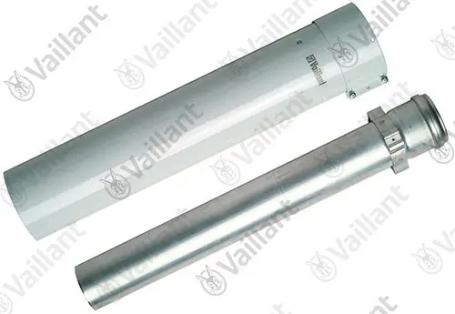 Vaillant Verlängerungsrohr in Metall und Kunststoff, geeignet für Brennwertsysteme, zur Erweiterung der Abgasanlage sichtbar auf dem Bild.
